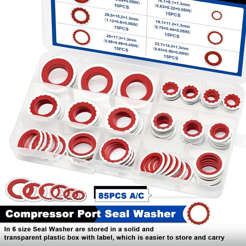 Daptemn 85PCS A/C O-Ring Assortment Kit, 6 Size Air Conditioning System Compressor Port Gasket Repairs Automotive Self-Centered Washer, Replace A/C Compressor Bonded Seal Washer (ID: 8mm-17.5mm) (Red) - Image 3